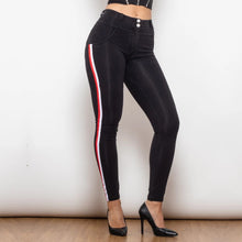 Load image into Gallery viewer, Shascullfites Melody Middle Waist Dark Thread Black Jeans with White&amp;Red Stripe Pants Women Butt Lift Jeans Shaping Pants
