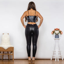 Load image into Gallery viewer, Shascullfites Shaper Set Middle Waist Lifting Leather Pants Set Black Faux Leather Body Shaper Zipper Crop Top 2 Pieces Set

