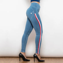 Load image into Gallery viewer, Shascullfites Melody White Thread Light Blue Striped Lift Jeggings Button Up High Wasit Jeans Scrunch Bum Pants
