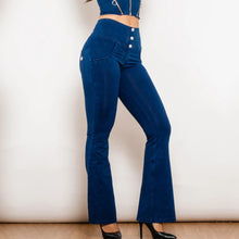 Load image into Gallery viewer, Shascullfites Melody Dark Blue Flared Lift Jeggings Button Up Jeans Bum Lift Jeans High Waist Flare Jeans Women

