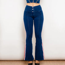 Load image into Gallery viewer, Shascullfites Melody Dark Blue Striped Flared Lift Jeggings Button Up Jeans Bum Lift Jeans High Waist Flare Jeans Women
