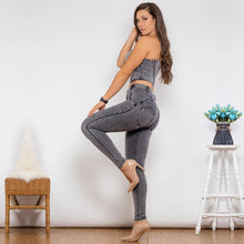 Load image into Gallery viewer, Shascullfites Shaper Suit Grey Denim Zipper Shaper Push Up Top Middle Waist Skinny Jeans Sets of Women 2 Pieces Elegant
