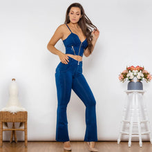 Load image into Gallery viewer, Shascullfites Shaper Set Dark Blue Bodysuit Zipper Push Up Top Middle Waist Flare Jeans Women Two Piece Clothes for Women
