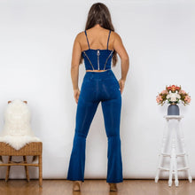 Load image into Gallery viewer, Shascullfites Shaper Set Bodysuit Zipper Push Up Top Dark Blue Jeans Top High Waist Flare Jeans Women Two Piece Outfits
