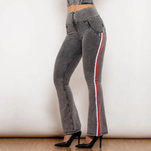 Load image into Gallery viewer, Shascullfites Melody Side Stripe Denim Jeans Fashion Stretch Bum Lift Flare Pants High Waist Grey Jeans
