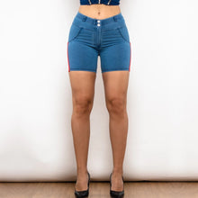 Load image into Gallery viewer, Shascullfites Melody Shorts Middle Waist Dark Thread Light Blue Jeans with Stripe Shorts Slim Fit Bum Lift Shorts Women Shorts
