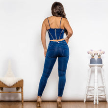 Load image into Gallery viewer, Shascullfites Shaper Set Dark Blue Washed Ripped Jeans Set Zipper Crop Top Club Party Set of Two Fashion Pieces for Women

