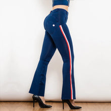 Load image into Gallery viewer, Shascullfites Melody Fashion White Red Side Stripe Flare Jeans Butt Lifting Female Casual Elasticity Dark Blue Denim Bell Pants
