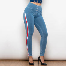 Load image into Gallery viewer, Shascullfites Melody White Thread Light Blue Striped Lift Jeggings Button Up High Wasit Jeans Scrunch Bum Pants

