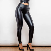 Load image into Gallery viewer, Shascullfites Melody X Cross Matt Black High Waist Leather V Shape Leggings Vegan Leather Leggings Women's Pants
