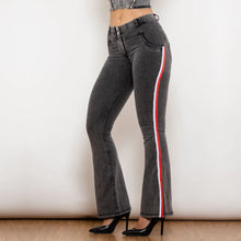 Load image into Gallery viewer, Shascullfites Melody Side Striped Middle Waist Grey Jeans Butt Lift Leggings Woman Sexy Push Up Jeans Denim Flare Pants
