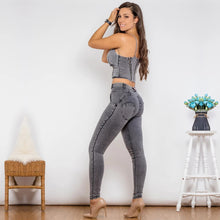 Load image into Gallery viewer, Shascullfites Shaper Suit Grey Denim Zipper Shaper Push Up Top Middle Waist Skinny Jeans Sets of Women 2 Pieces Elegant
