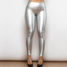Load image into Gallery viewer, Shascullfites Melody Regular Silver High Waist Leather Leggings Metallic Women's Leggings Vegan Leather Leggings

