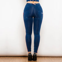 Load image into Gallery viewer, Shascullfites Melody White&amp;Red Side Stripe Dark Blue Denim Jeans Middle Waist Stretch Pants Slim Straight Butt lift Pants
