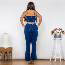 Load image into Gallery viewer, Shascullfites Shaper Set Dark Blue Bodysuit Zipper Push Up Top Middle Waist Flare Jeans Women Two Piece Clothes for Women
