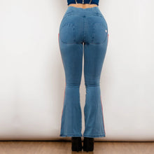 Load image into Gallery viewer, Shascullfites Melody Light Blue Flare Jeans Stretch Skinny Ripped Jeans With White&amp;Red Stripe Side Scrunch Bum Pants
