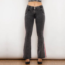 Load image into Gallery viewer, Shascullfites Melody Side Striped Middle Waist Grey Jeans Butt Lift Leggings Woman Sexy Push Up Jeans Denim Flare Pants
