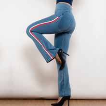 Load image into Gallery viewer, Shascullfites Melody Light Blue Flare Jeans Stretch Skinny Ripped Jeans With White&amp;Red Stripe Side Scrunch Bum Pants
