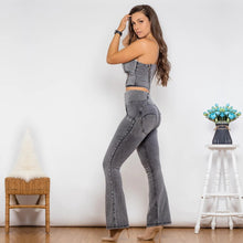Load image into Gallery viewer, Shascullfites Shaper Suit Bodysuit Zipper Push Up Top Grey Jeans Top High Waist Flare Jeans Set Woman 2 Pieces
