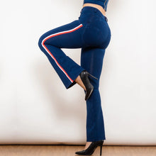 Load image into Gallery viewer, Shascullfites Melody Fashion White Red Side Stripe Flare Jeans Butt Lifting Female Casual Elasticity Dark Blue Denim Bell Pants
