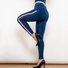 Load image into Gallery viewer, Shascullfites Melody White&amp;Red Side Stripe Dark Blue Denim Jeans Middle Waist Stretch Pants Slim Straight Butt lift Pants
