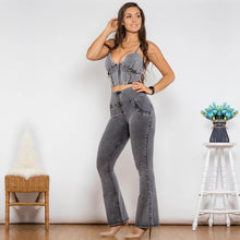 Load image into Gallery viewer, Shascullfites Shaper Suit Bodysuit Zipper Push Up Top Grey Jeans Top High Waist Flare Jeans Set Woman 2 Pieces
