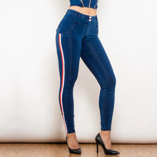 Load image into Gallery viewer, Shascullfites Melody White&amp;Red Side Stripe Dark Blue Denim Jeans Middle Waist Stretch Pants Slim Straight Butt lift Pants
