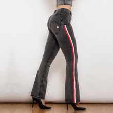 Load image into Gallery viewer, Shascullfites Melody Side Striped Middle Waist Grey Jeans Butt Lift Leggings Woman Sexy Push Up Jeans Denim Flare Pants
