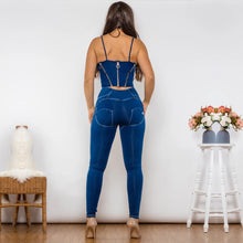 Load image into Gallery viewer, Shascullfites Shaper Set Bodysuit Dark Blue Denim Zipper Body Shaper High Waist Button Style Jeans Two Piece Sets Womens
