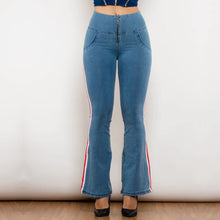Load image into Gallery viewer, Shascullfites Melody Light Blue Flare Jeans Stretch Skinny Ripped Jeans With White&amp;Red Stripe Side Scrunch Bum Pants
