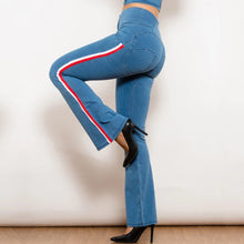 Load image into Gallery viewer, Shascullfites Melody Light Blue Striped Flared Lift Jeggings Button Up Butt Lift High Waist Flare Jeans Women Shaping Jeans
