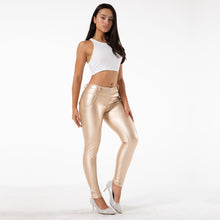 Load image into Gallery viewer, Shascullfites Shaping Tailored Latex Metallic Leggings Faux Leather Leggings Mid Waist Ankle Length Pants Women Leggings Gold Sports Wear
