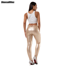 Load image into Gallery viewer, Shascullfites Shaping Tailored Latex Metallic Leggings Faux Leather Leggings Mid Waist Ankle Length Pants Women Leggings Gold Sports Wear
