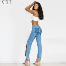 Load image into Gallery viewer, Shascullfites Women Split Straight Jeans Women Club Dancing Pants Light Blue Denim Pants Slim Fit Zipper Jeans
