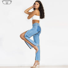 Load image into Gallery viewer, Shascullfites Women Split Straight Jeans Women Club Dancing Pants Light Blue Denim Pants Slim Fit Zipper Jeans
