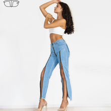 Load image into Gallery viewer, Shascullfites Women Split Straight Jeans Women Club Dancing Pants Light Blue Denim Pants Slim Fit Zipper Jeans
